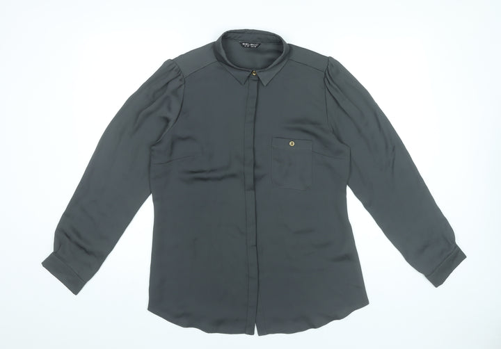 Select Womens Black Blouse UK 12 Long Sleeve Collared Button