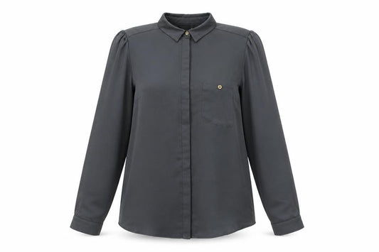 Front view of Select women’s black blouse uk 12 long sleeve collared button