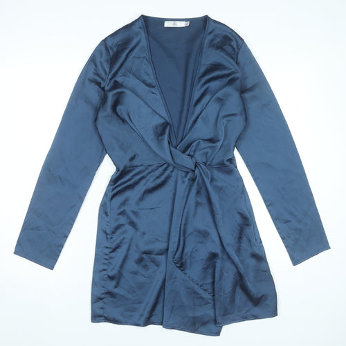 Missguided Women’s Blue Wrap Dress UK 10 Short Long Sleeve V-Neck