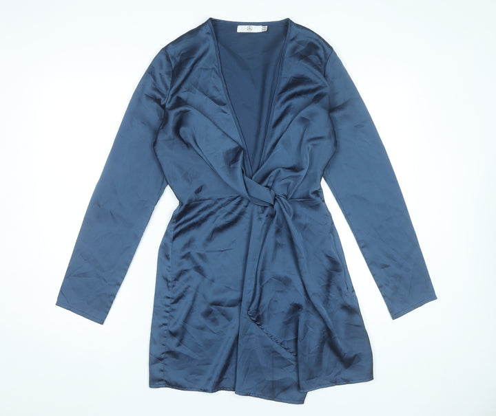 Missguided Women’s Blue Wrap Dress UK 10 Short Long Sleeve V-Neck