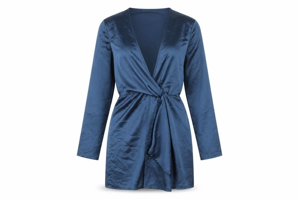 Missguided Women’s Blue Wrap Dress UK 10 Short Long Sleeve V-Neck