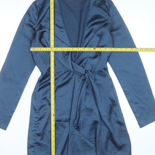 Missguided Women’s Blue Wrap Dress UK 10 Short Long Sleeve V-Neck