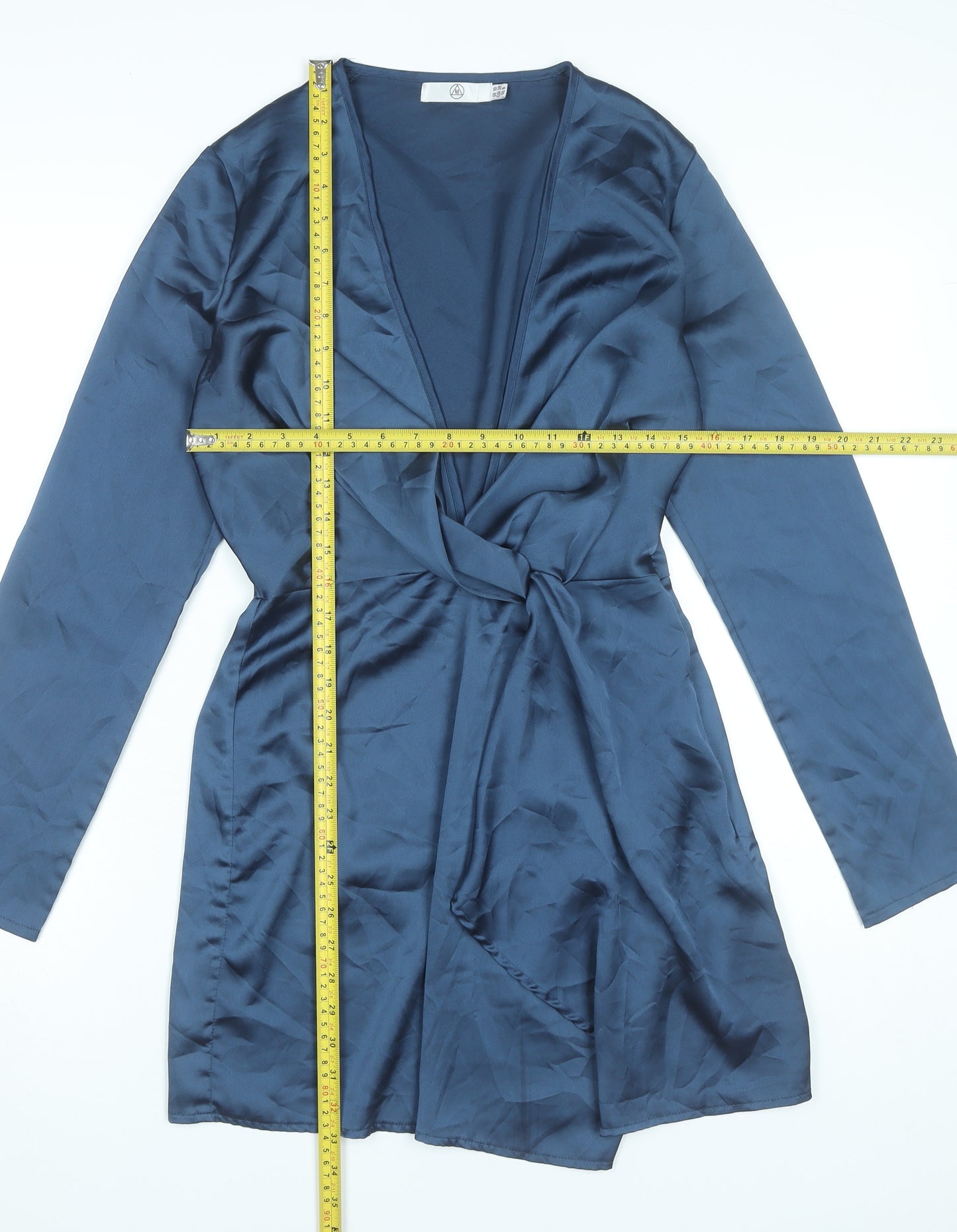 Missguided Women’s Blue Wrap Dress UK 10 Short Long Sleeve V-Neck