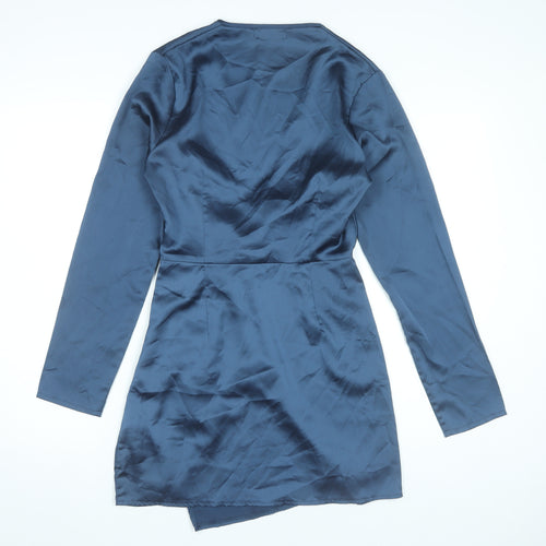 Missguided Women’s Blue Wrap Dress UK 10 Short Long Sleeve V-Neck