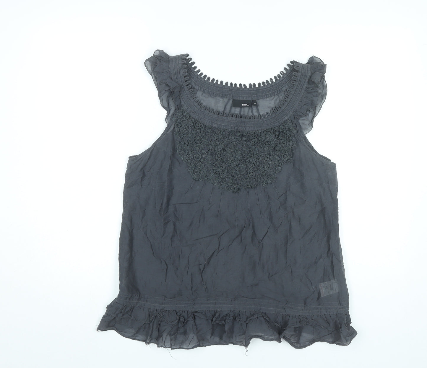 Next Women’s Grey Sleeveless Blouse Size 14 Silk Cotton Ruffle