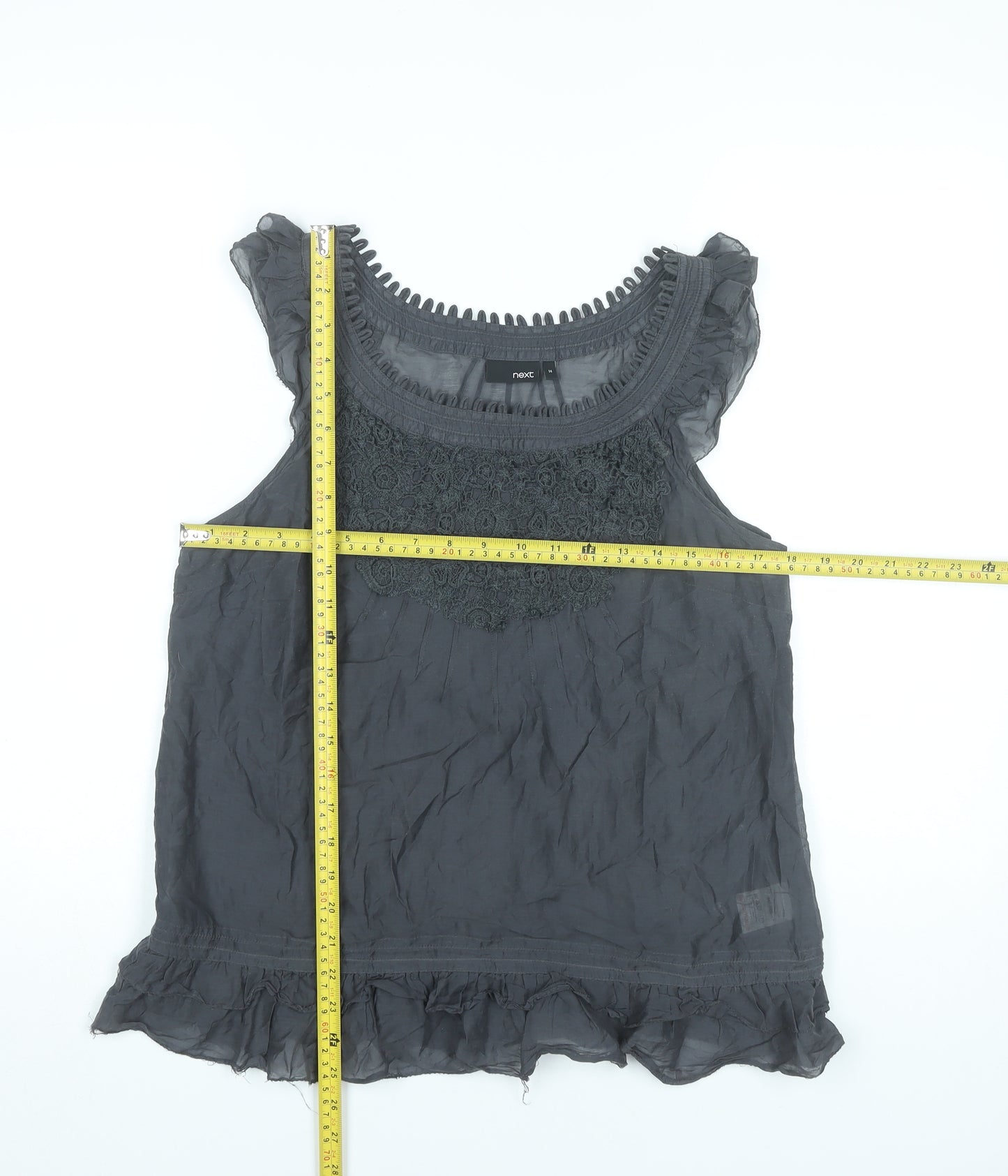 Next Women’s Grey Sleeveless Blouse Size 14 Silk Cotton Ruffle