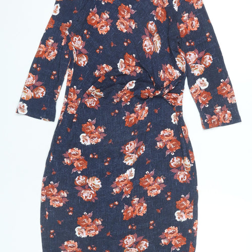 Tu Women’s Blue Floral Bodycon Dress Size 12 Knee Length 3/4 Sleeve