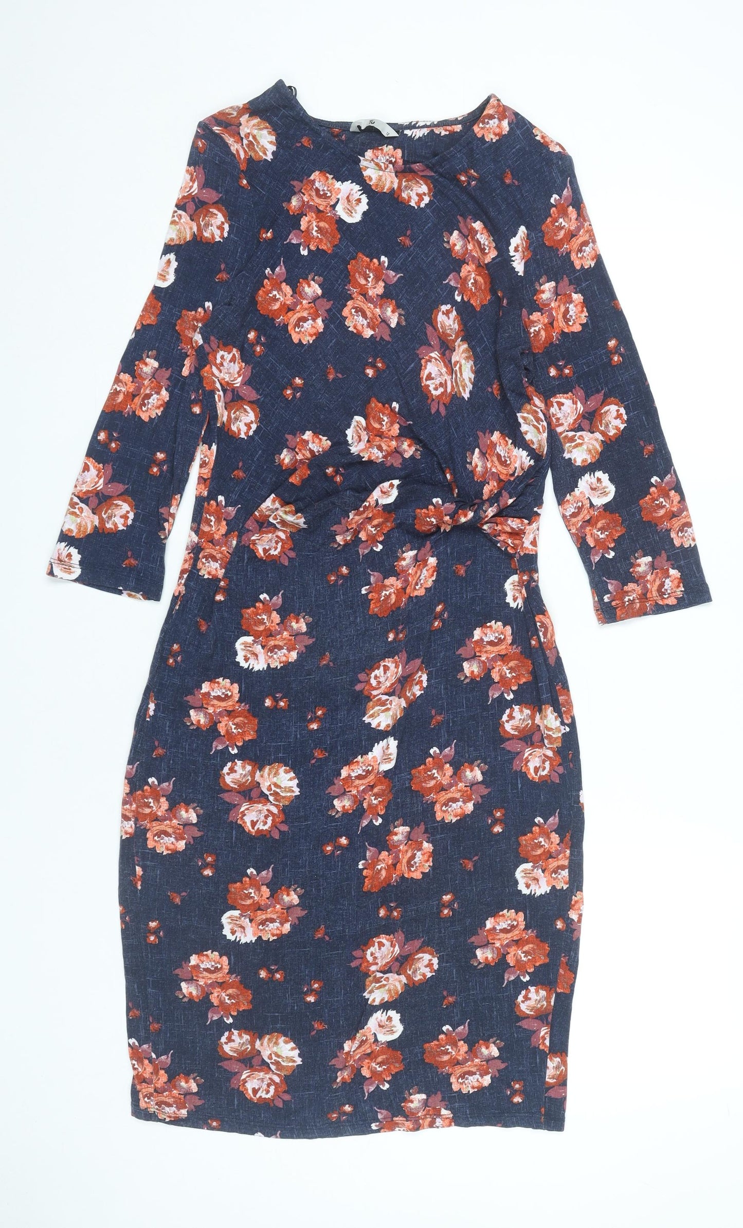 Tu Women’s Blue Floral Bodycon Dress Size 12 Knee Length 3/4 Sleeve
