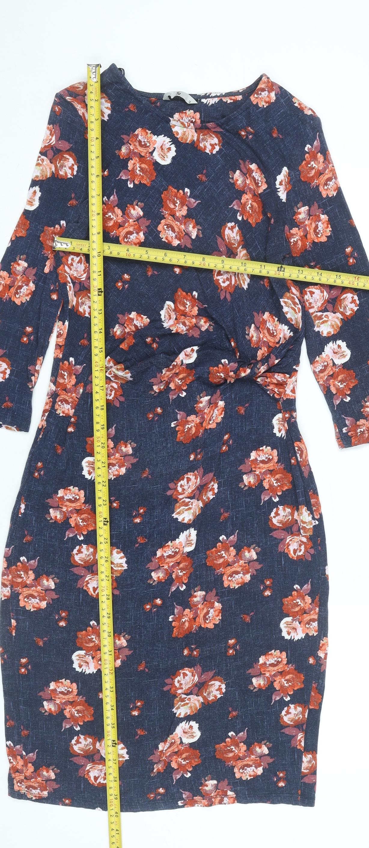 Tu Women’s Blue Floral Bodycon Dress Size 12 Knee Length 3/4 Sleeve