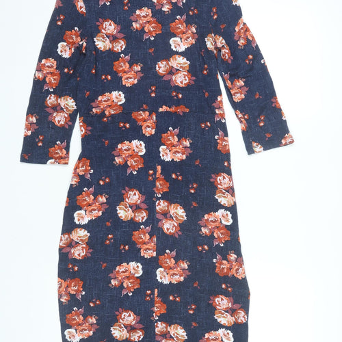 Tu Women’s Blue Floral Bodycon Dress Size 12 Knee Length 3/4 Sleeve