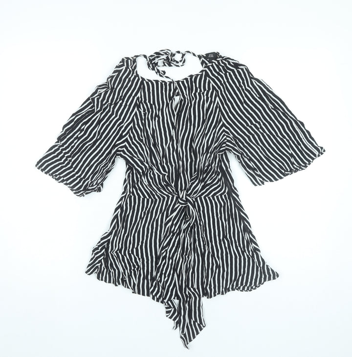 River Island Women Black Striped Tunic Blouse Size 8 Cold Shoulder