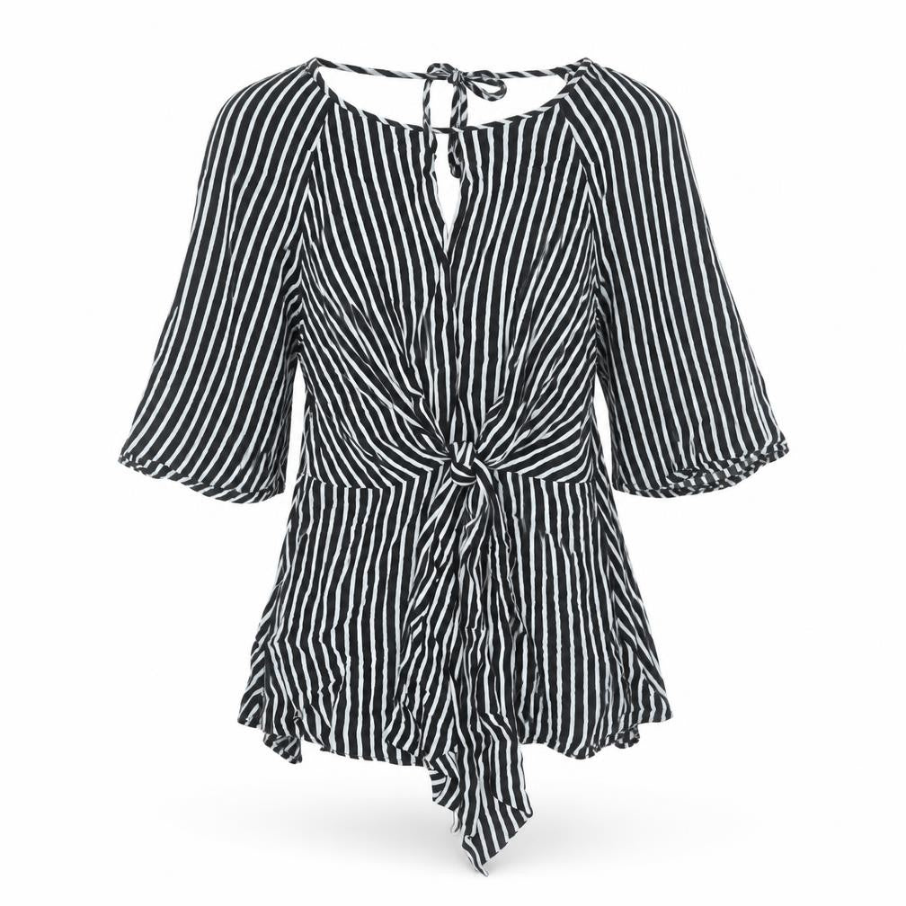 Front view of River Island Women Black Striped Tunic Blouse, size 8, Cold Shoulder