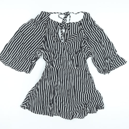 River Island Women Black Striped Tunic Blouse Size 8 Cold Shoulder