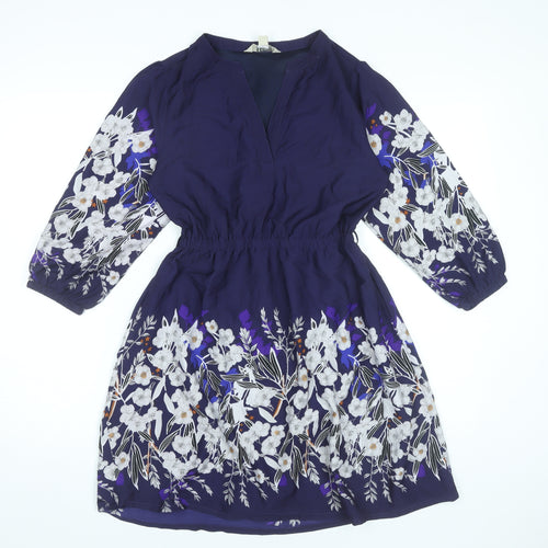 Yumi Petite Womens Blue Floral Shift Dress Size 8 V-Neck 3/4 Sleeve