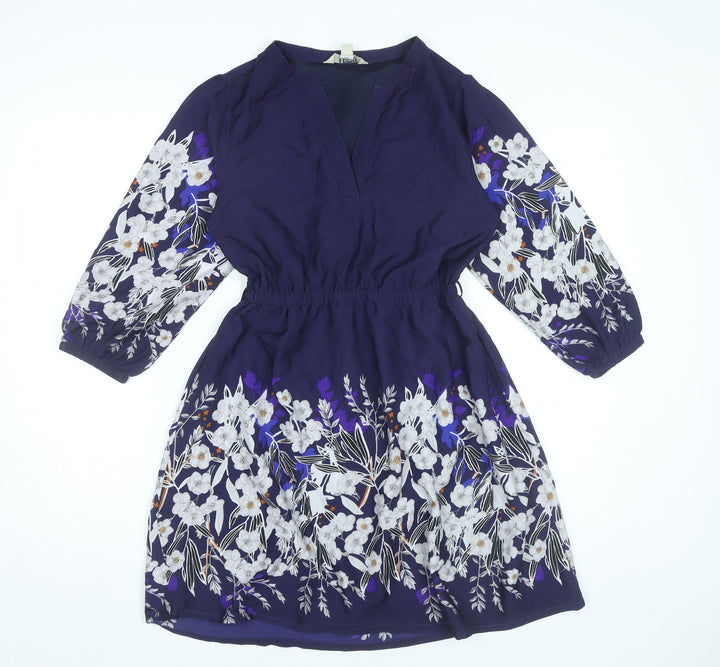 Yumi Petite Womens Blue Floral Shift Dress Size 8 V-Neck 3/4 Sleeve