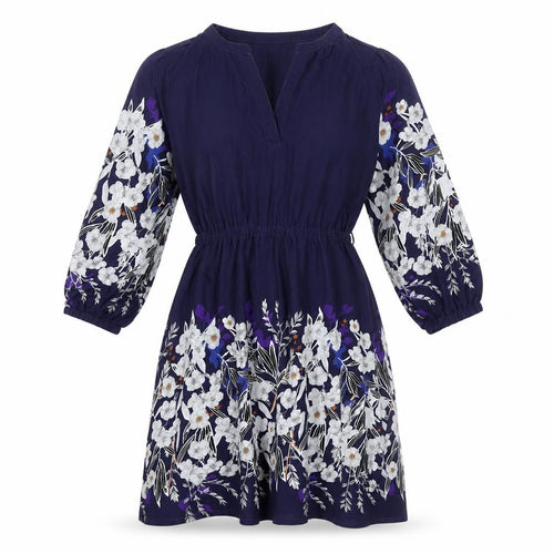 Yumi Petite Womens Blue Floral Shift Dress Size 8 V-Neck 3/4 Sleeve