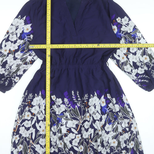 Yumi Petite Womens Blue Floral Shift Dress Size 8 V-Neck 3/4 Sleeve