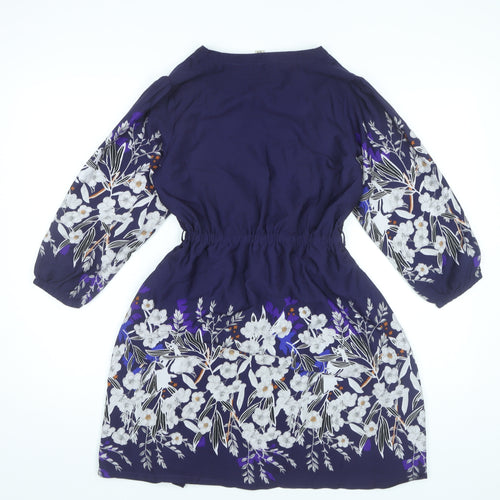 Yumi Petite Womens Blue Floral Shift Dress Size 8 V-Neck 3/4 Sleeve