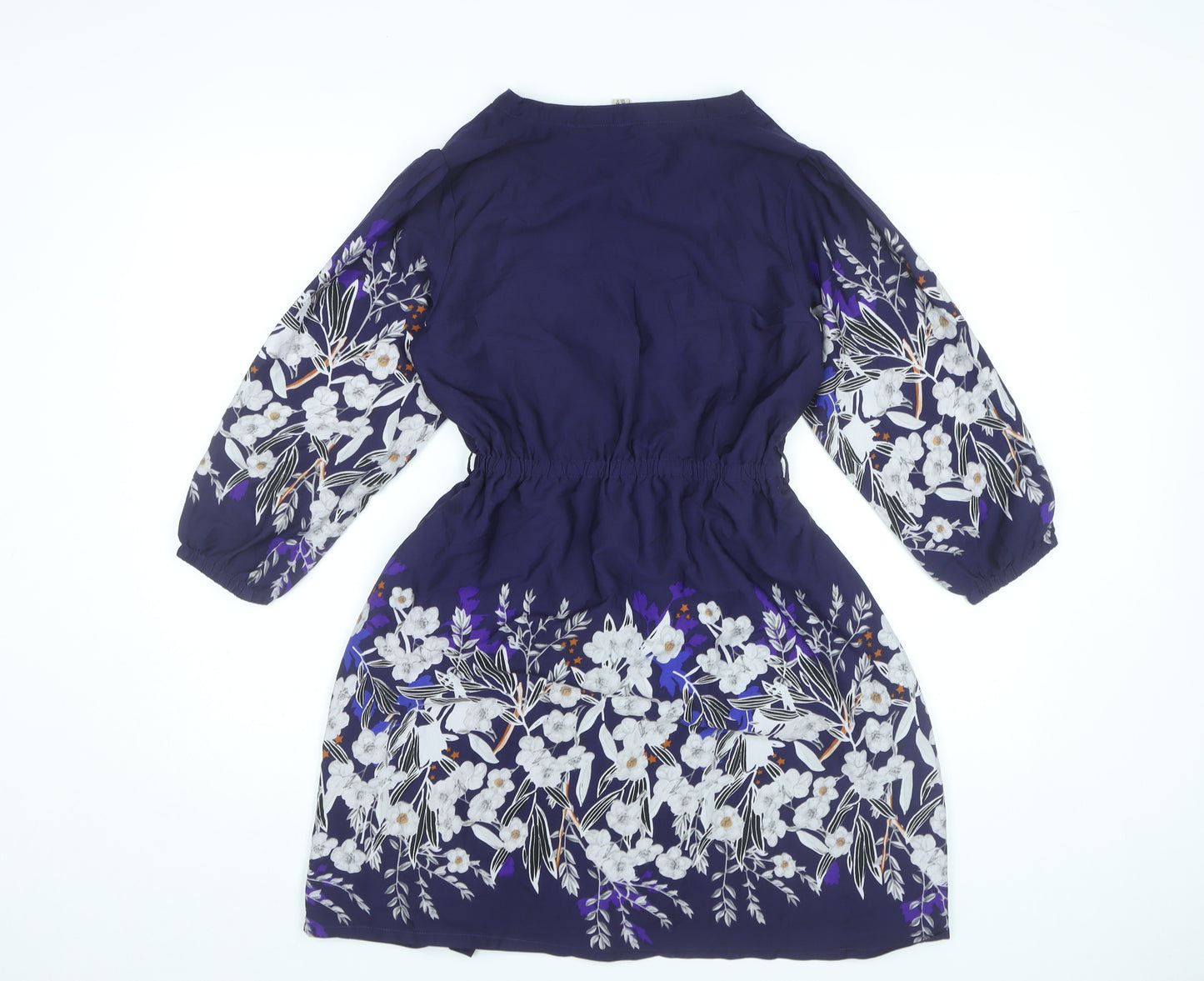 Yumi Petite Womens Blue Floral Shift Dress Size 8 V-Neck 3/4 Sleeve