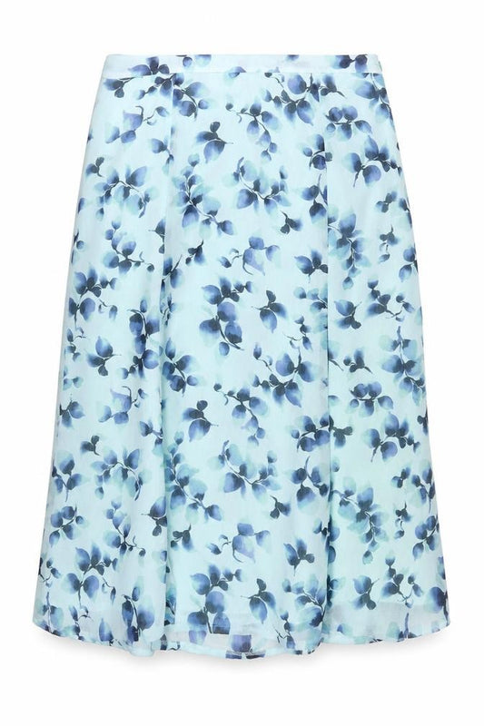 Front view of Eastex Women’s Blue Floral A-Line Midi Skirt, size UK 12, Polyester