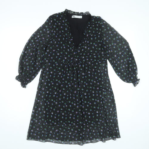 Zara Womens Black XS Floral A-Line Knee Length V-Neck Dress