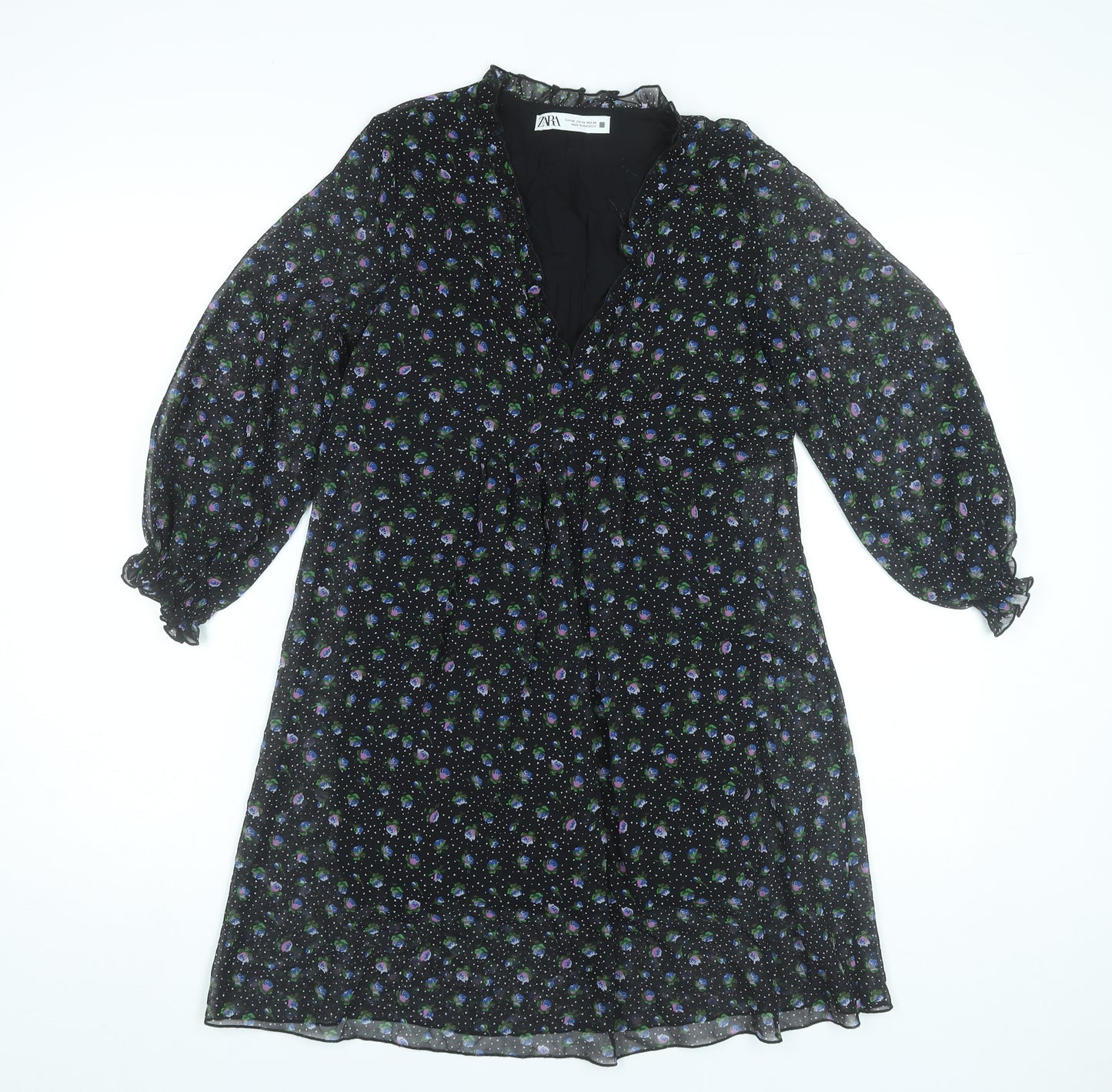 Zara Womens Black XS Floral A-Line Knee Length V-Neck Dress