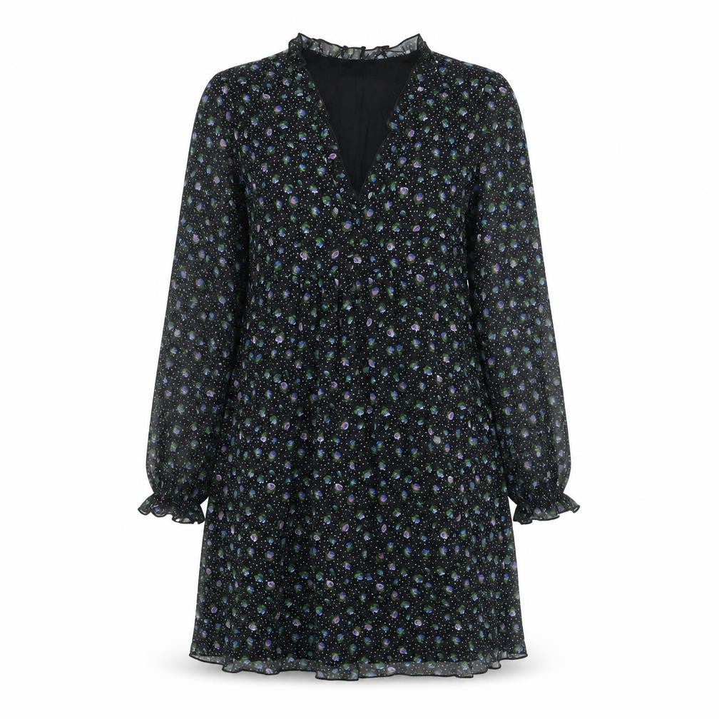Zara Womens Black XS Floral A-Line Knee Length V-Neck Dress