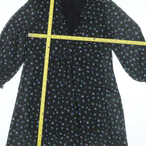 Zara Womens Black XS Floral A-Line Knee Length V-Neck Dress