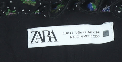 Zara Womens Black XS Floral A-Line Knee Length V-Neck Dress