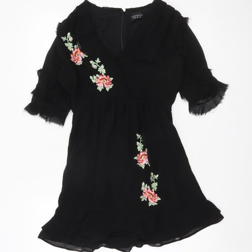 Topshop Women’s Black Floral Embroidered Short Dress Size 8