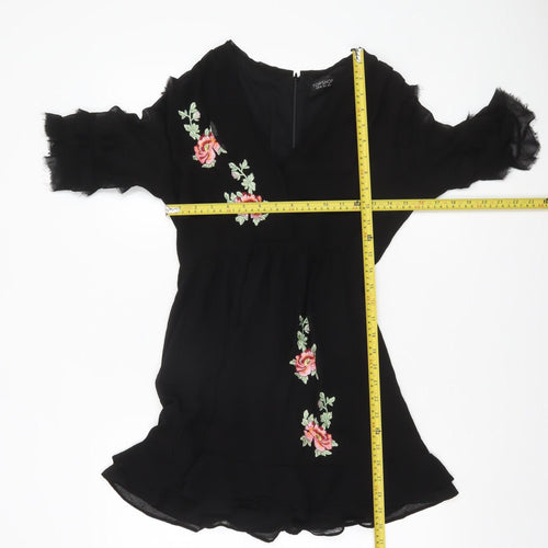 Topshop Women’s Black Floral Embroidered Short Dress Size 8