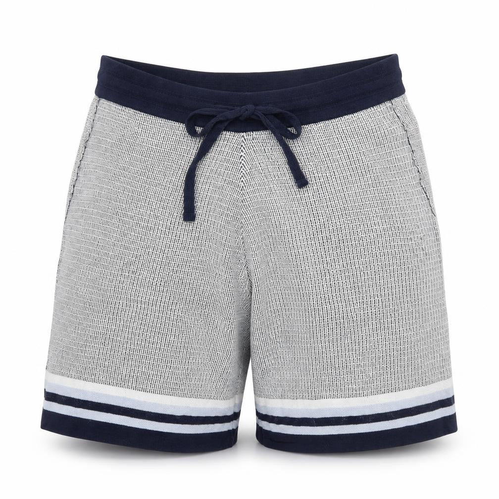 Front view of Moss Women Blue Knit Sweat Shorts, size M, Casual Drawstring Summer