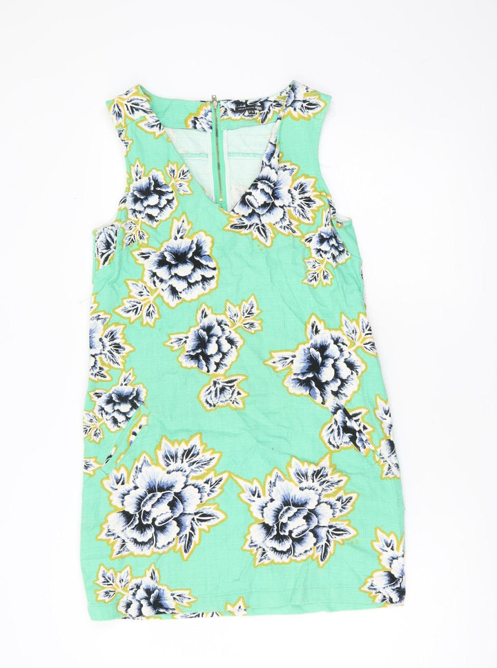 Warehouse Women’s Green Floral Shift Dress UK 12 Sleeveless V-Neck