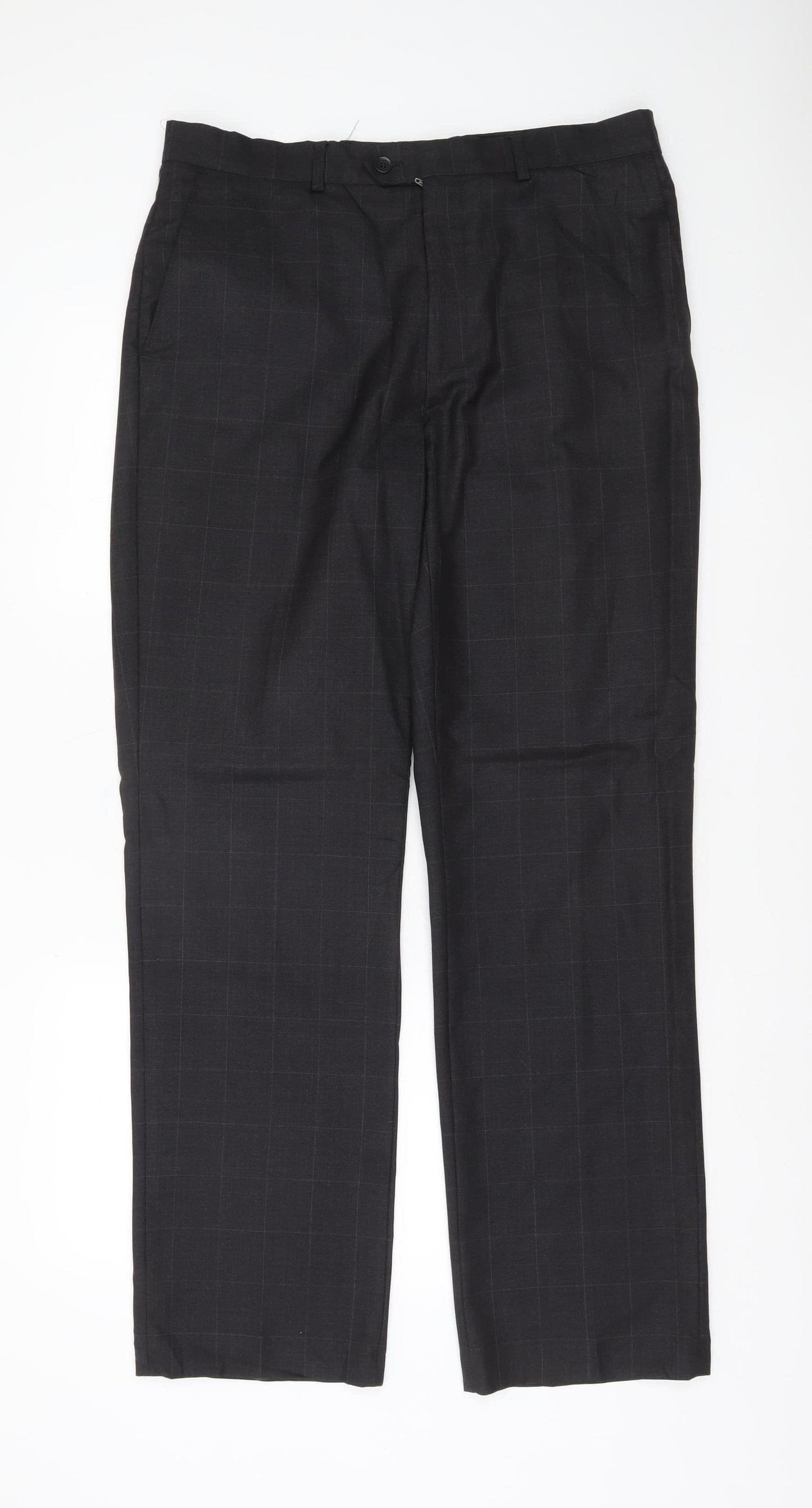Moss Mens Black 34R Wool Blend Checked Dress Trousers