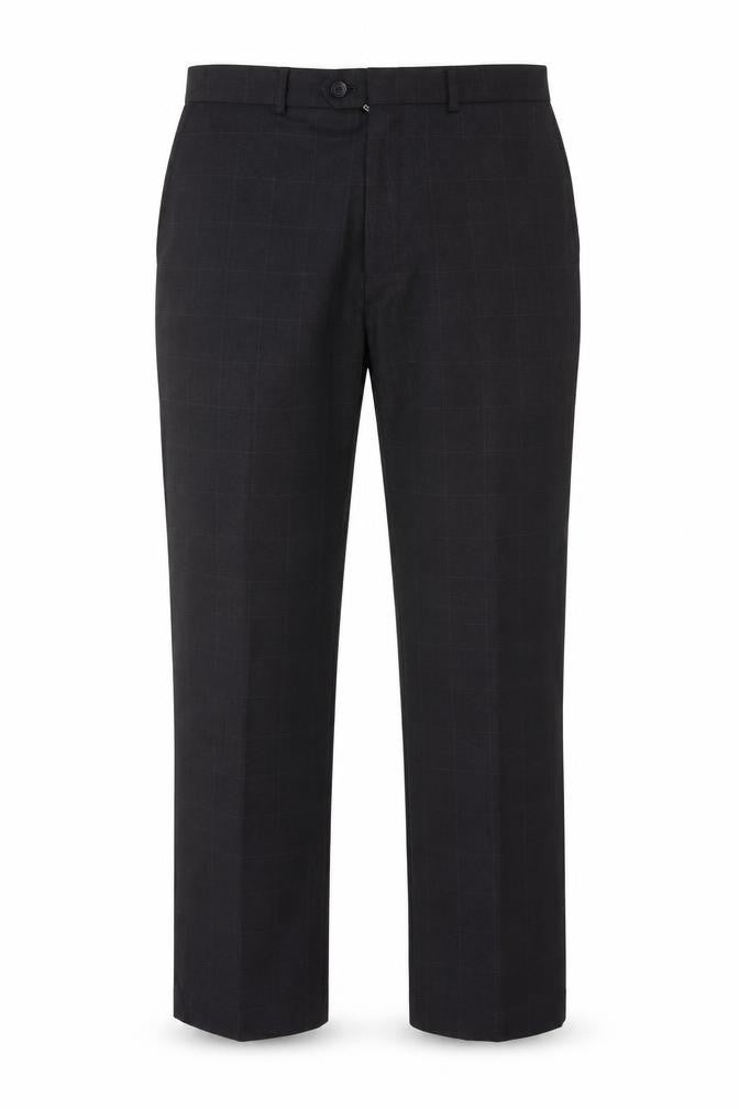 Front view of Moss men’s black 34r wool blend checked dress trousers