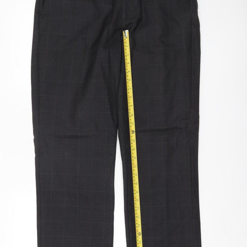 Moss Mens Black 34R Wool Blend Checked Dress Trousers