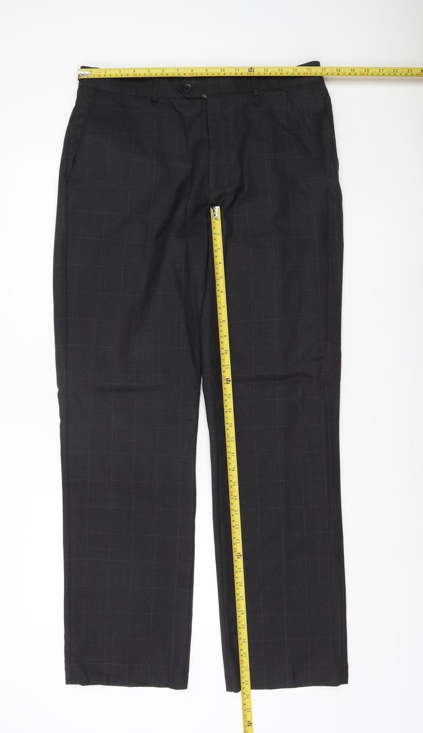 Moss Mens Black 34R Wool Blend Checked Dress Trousers