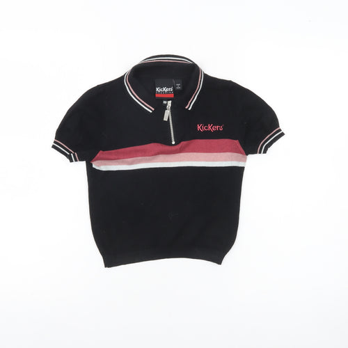 Kickers Womens XS Black Polo Shirt Zip Collar Striped Casual Top
