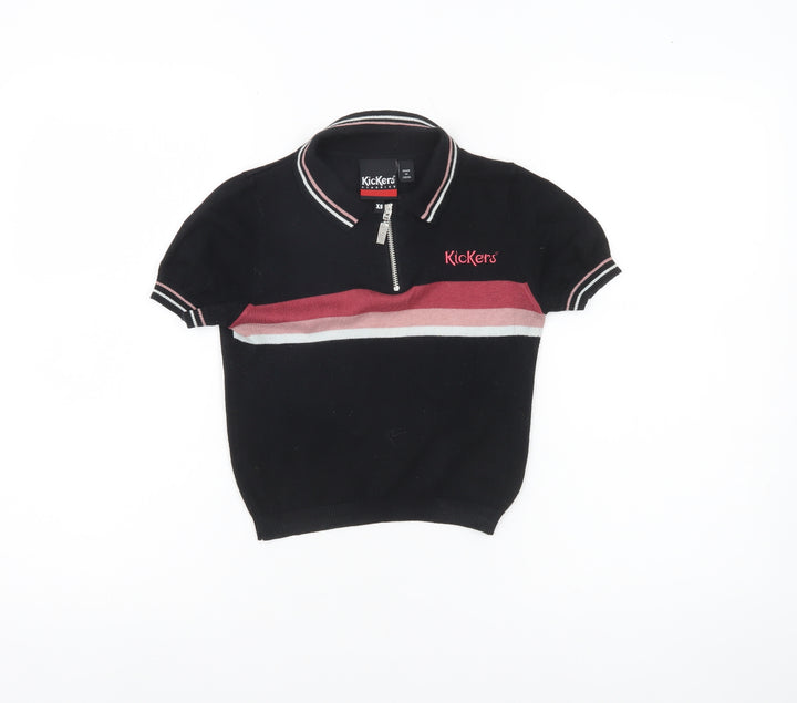 Kickers Womens XS Black Polo Shirt Zip Collar Striped Casual Top