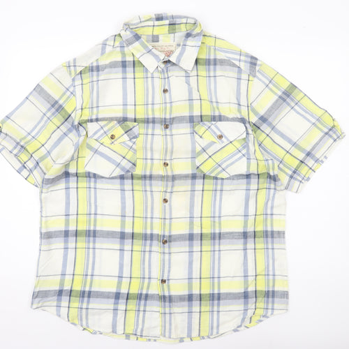 Sandstone Men's Yellow Plaid Cotton Short Sleeve Button-Up Shirt L
