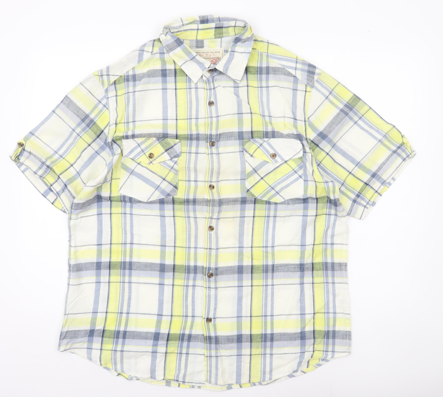 Sandstone Men's Yellow Plaid Cotton Short Sleeve Button-Up Shirt L
