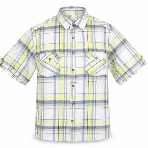 Sandstone Men's Yellow Plaid Cotton Short Sleeve Button-Up Shirt L
