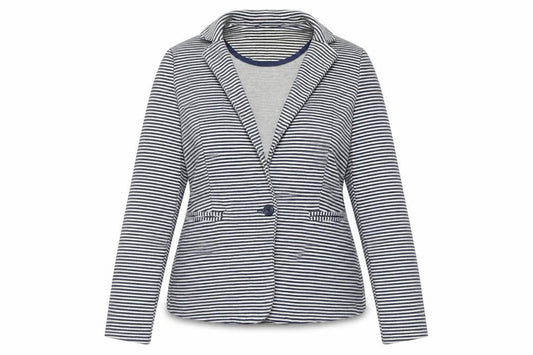 Front view of New Look women’s blue striped jersey blazer jacket, size UK 12