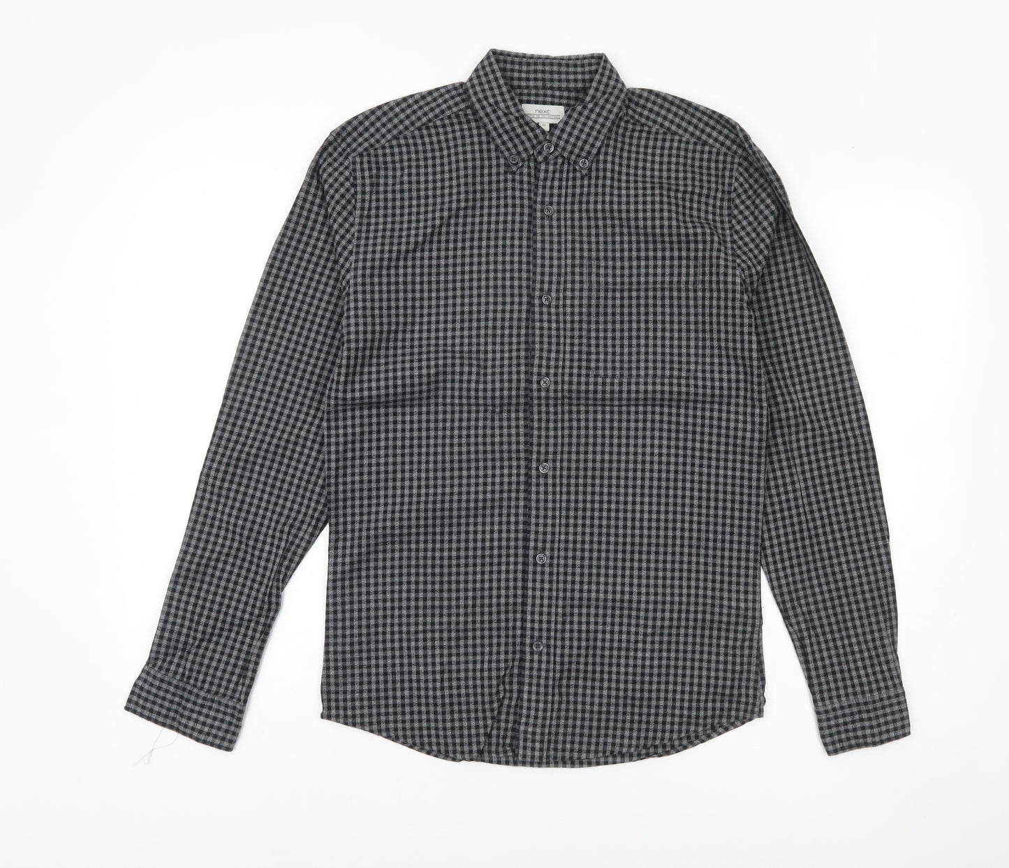 Next Men’s Grey Check Button-Up Shirt XS Regular Fit Cotton