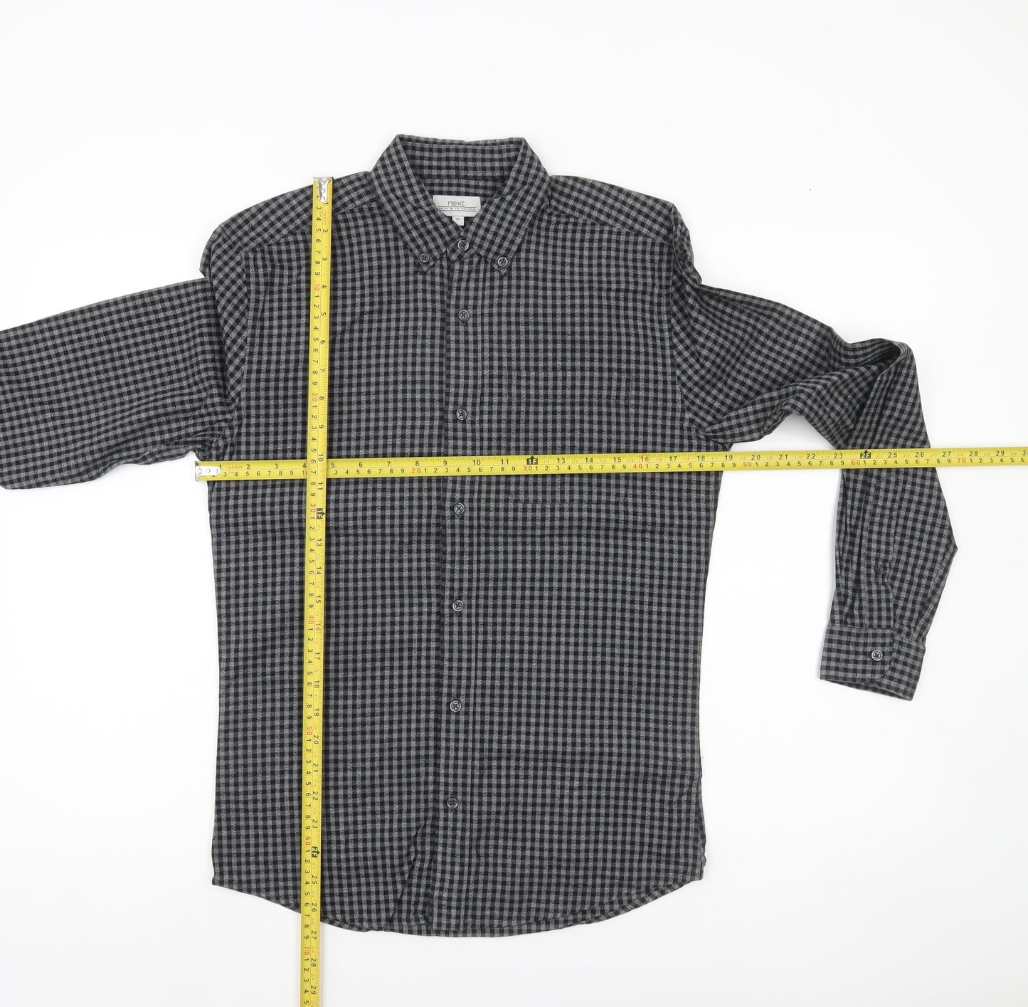 Next Men’s Grey Check Button-Up Shirt XS Regular Fit Cotton