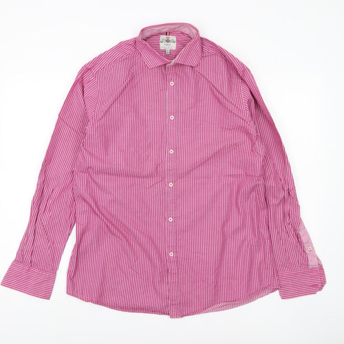 Next Men’s Pink Striped Cotton Shirt 15.5 Collar Regular Fit Long Sleeve