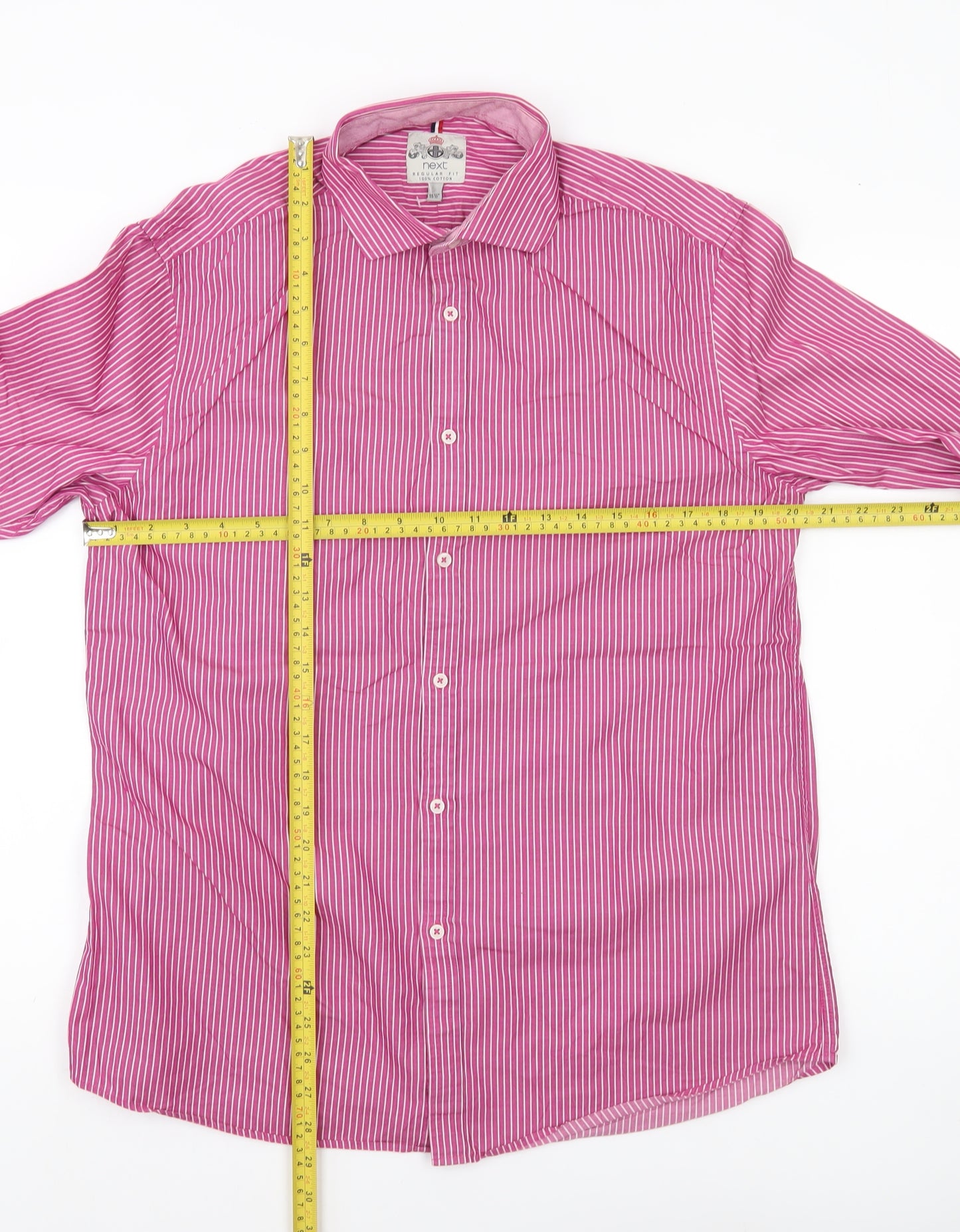 Next Men’s Pink Striped Cotton Shirt 15.5 Collar Regular Fit Long Sleeve