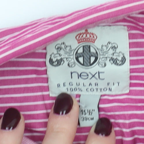 Next Men’s Pink Striped Cotton Shirt 15.5 Collar Regular Fit Long Sleeve