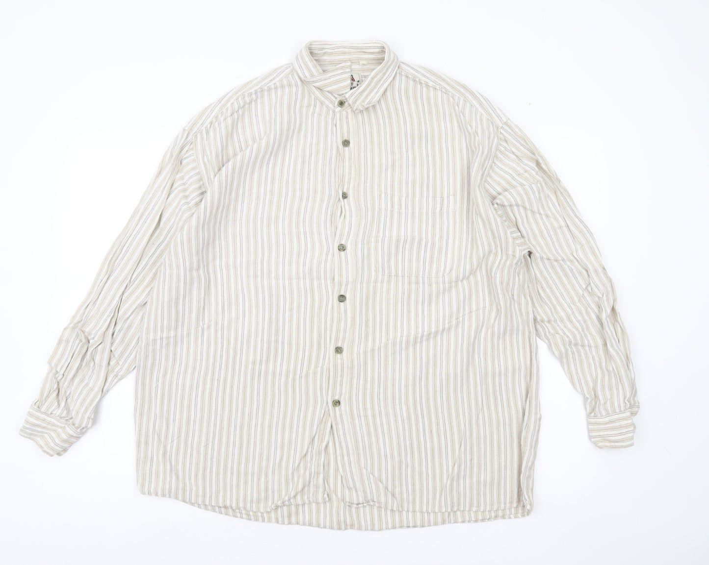 Natif Men’s Beige Striped Linen Cotton XL Casual Button-Up Shirt