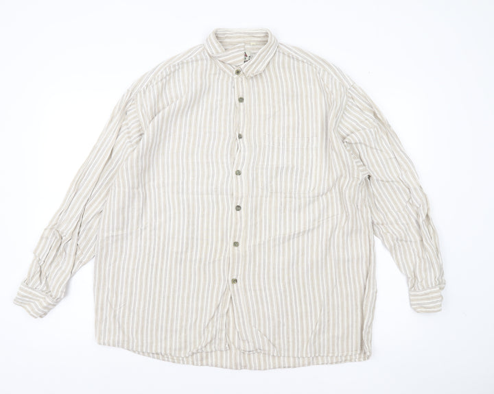 Natif Men’s Beige Striped Linen Cotton XL Casual Button-Up Shirt